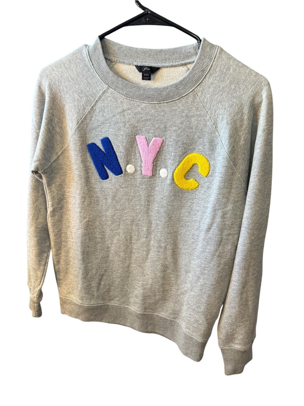 J. Crew Gray Sweatshirt with Blue, Pink & Yellow 'N.Y.C.' Chenille Letters